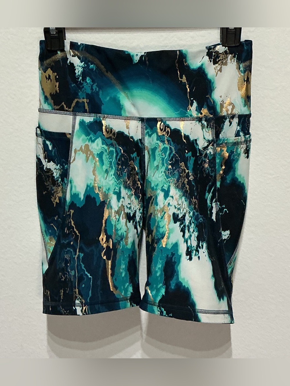 Old Navy Teal Marble-Print Bike Shorts with Gold Accents